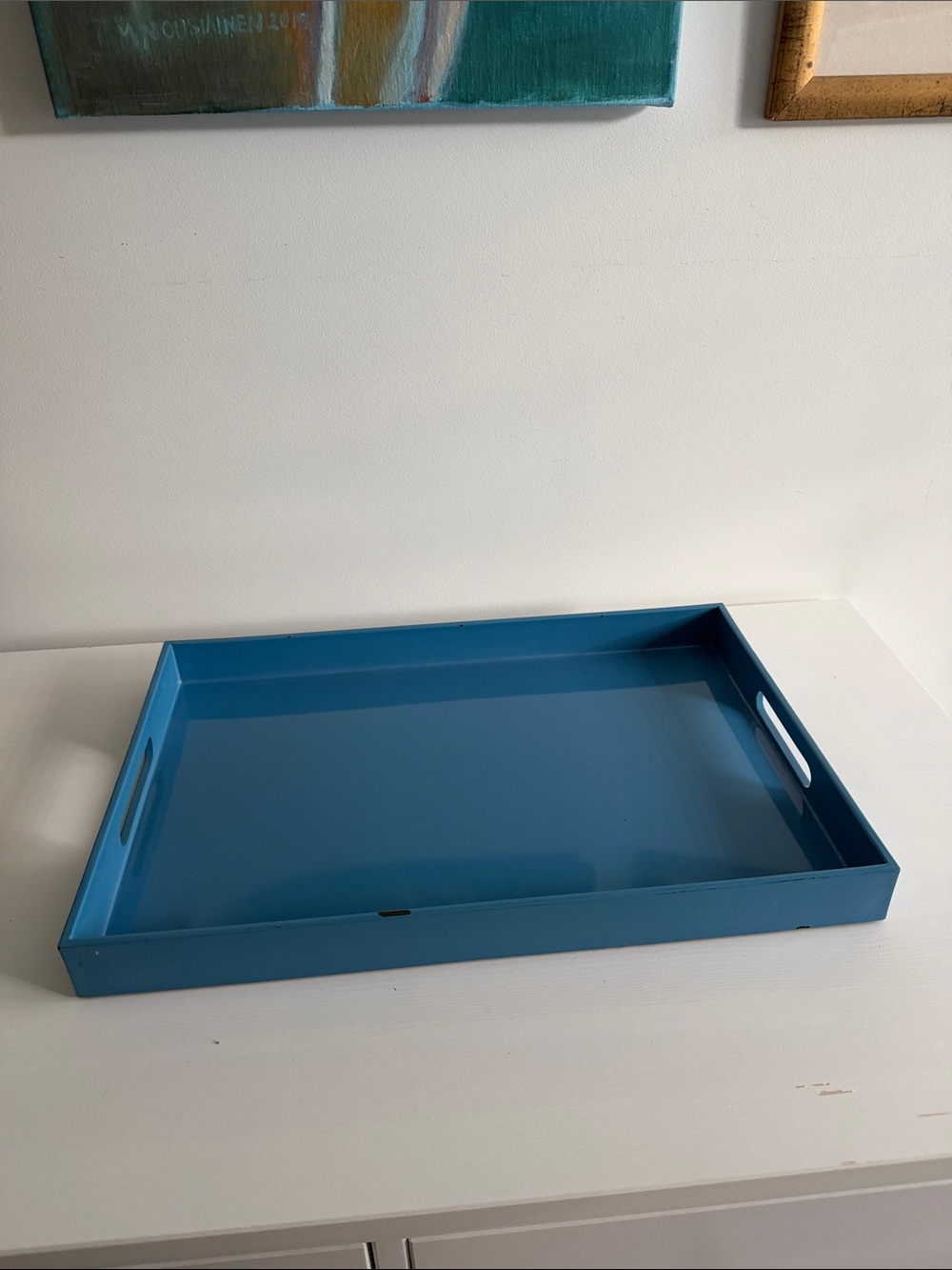 Pottery Barn Blue Lacquer Decorative Coffee Table Ottoman Rectangular Tray